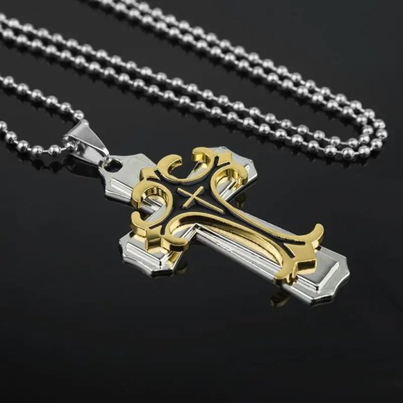 Men's Punk Two Tone Stainless Steel Cross Pendant Necklace - Picture 6 of 7